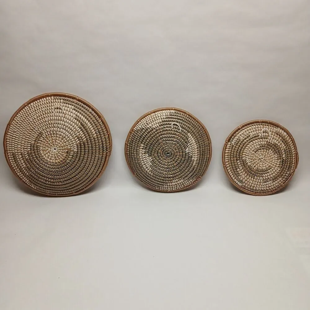 3 Piece Lot of Boho Round Wall Basket Decor, Seagrass Rattan Wicker Gallery Wall